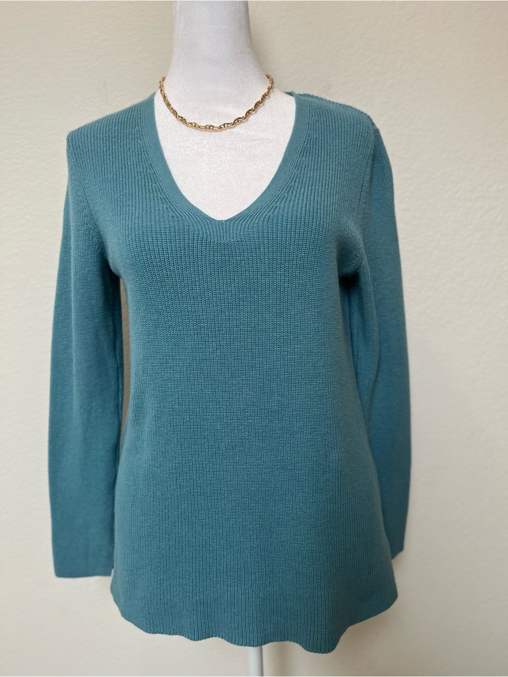 J. Jill Teal V-Neck Cotton Blend Sweater